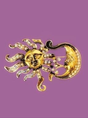 🌛Gold Sun And Crescent Moon Rhinestone Brooch